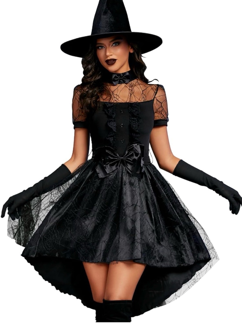 Black Gothic Spider Web High Low Witches Dress Women M Costume Halloween